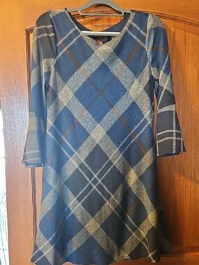 Blue Plaid elbow Sleeve A-Line Dress